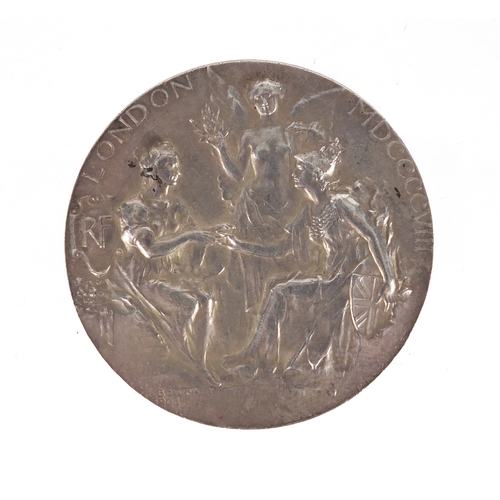 263 - Franco British Exhibition 1908 silver medal by F Bowcher, 5cm in diameter, 62.1g