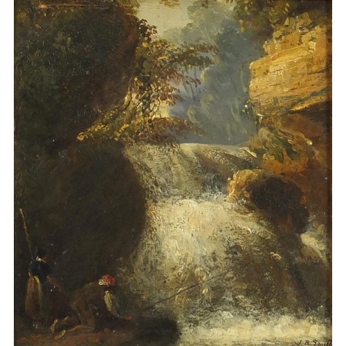 1458 - John Raphael Smith - Two figures fishing beside a waterfall, 19th century oil on board, framed, 19cm... 