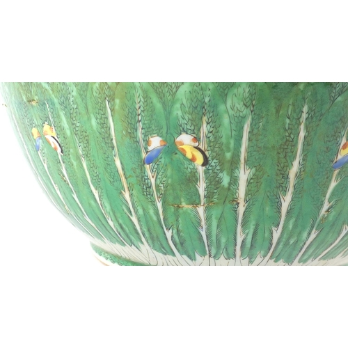 391 - Chinese Canton porcelain punch bowl, hand painted with cabbage leaves, flowers and butterflies, 40.5... 