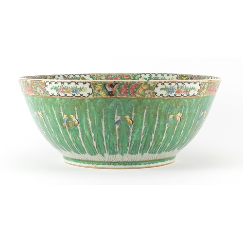 391 - Chinese Canton porcelain punch bowl, hand painted with cabbage leaves, flowers and butterflies, 40.5... 