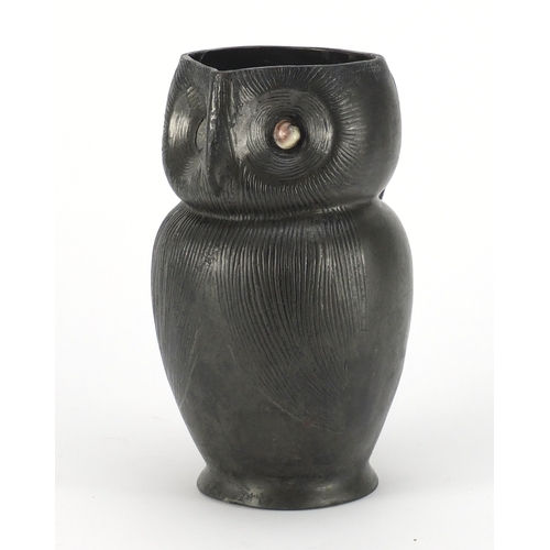 845 - Arts & Crafts Liberty & Co Tudric pewter jug in the form of an owl, with cowrie shell eyes, impresse... 