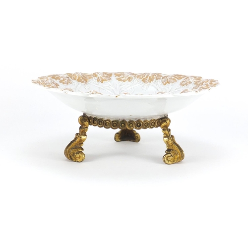 2377 - 19th century Meissen porcelain dish, decorated in relief with flowers, raised on an ormolu stand, 26... 