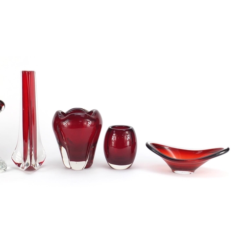 2413 - Vintage ruby red glassware including Whitefriars Molar vase, Swedish art glass vase, the largest 24c... 