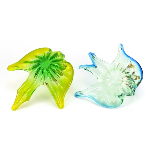 2179 - Two Murano style colourful glass bird dishes, the largest 25cm in length
