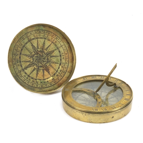64 - 18th century brass pocket sundial compass, 8.5cm in diameter