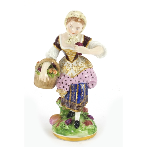757A - 19th century Chelsea hand painted figurine of a girl holding a basket of flowers, anchor mark to the... 