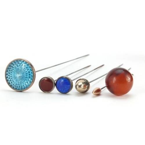 105 - Six vintage hat pins including a 9ct gold example and three with enamel, the largest  26cm in length