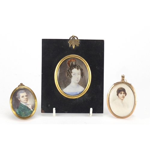 122 - Three Oval portrait miniatures including one of an Art Deco female housed in an unmarked gold pendan... 