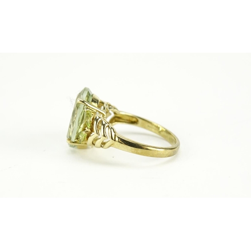 2800 - 9ct gold green amethyst and diamond bracelet and a 9ct gold green amethyst and peridot ring, size K,... 