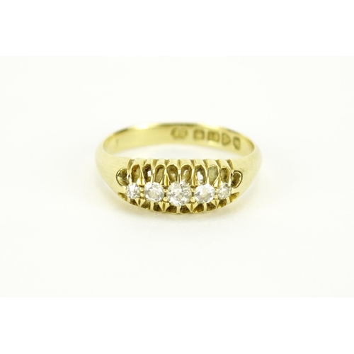 2804 - 18ct gold diamond five stone ring, Chester 1912, size O, 3.0g