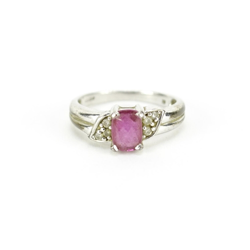 2801 - 9ct white gold pink stone ring with diamond shoulders, size N, 3.3g