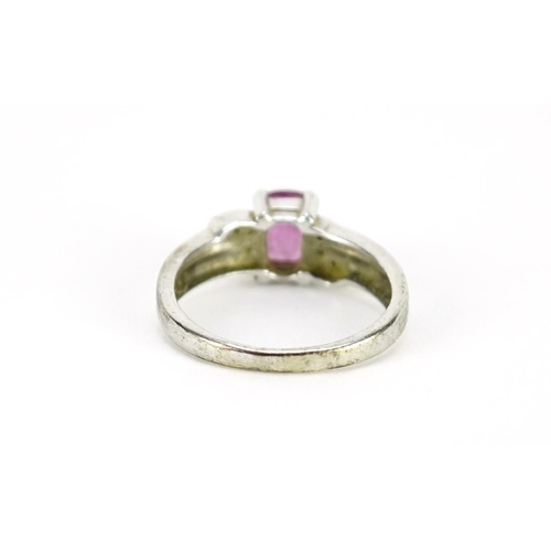 2801 - 9ct white gold pink stone ring with diamond shoulders, size N, 3.3g