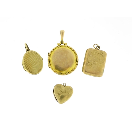 2798 - Four 9ct gold back and front lockets, the largest 3.6cm in length, 15.2g