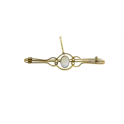 2805 - Victorian unmarked gold cabochon opal and seed pearl bar brooch, 5cm in length, 3.2g