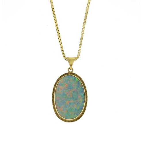 2813 - 9ct gold opal pendant, 3.8g, on an 18ct gold necklace, 22cm in length, 4.8g