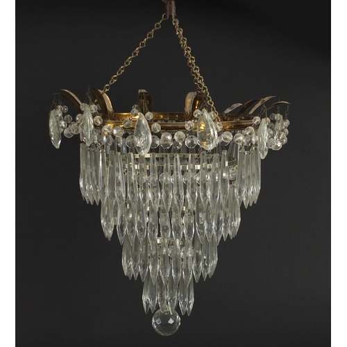 2132 - Circular brass five tier chandelier with cut glass drops, 50cm high x 30cm in diameter