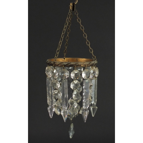 2137 - Pair of brass bag chandeliers with cut glass lustre drops, each 35cm high x 13cm in diameter