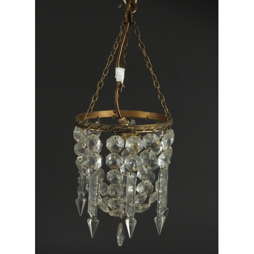 2135 - Two brass bag chandeliers with cut glass drops, the largest 20cm high x 16cm in diameter