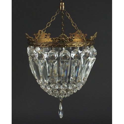 2135 - Two brass bag chandeliers with cut glass drops, the largest 20cm high x 16cm in diameter