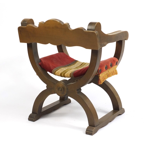 2066 - Carved fruitwood X framed chair, 75cm high