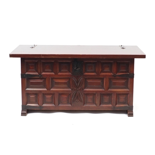 47 - Stained wood coffer with hinged lid, 53cm H x 110cm W x 50cm D