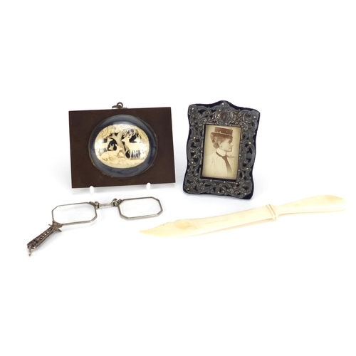 2570 - Objects including miniature silver easel frame, ivory cameo carving of stags and a pair of Art Deco ... 