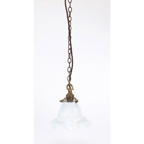 2138 - Art Nouveau hanging light pendant with Vaseline frilled glass shade, 17.5cm high excluding the chain