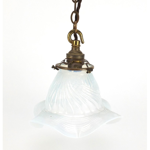 2138 - Art Nouveau hanging light pendant with Vaseline frilled glass shade, 17.5cm high excluding the chain