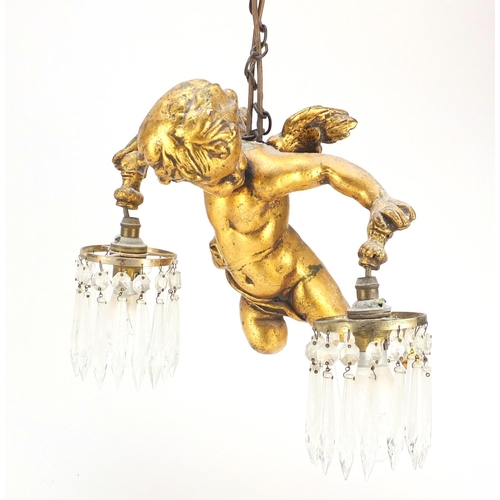 2131A - Gilt plaster cherub design hanging light fitting, with cut glass drops, 33cm high