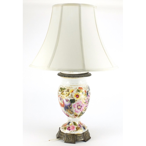 2142 - 19th century porcelain vase lamp base with silk lined shade, the base hand painted and gilded with f... 