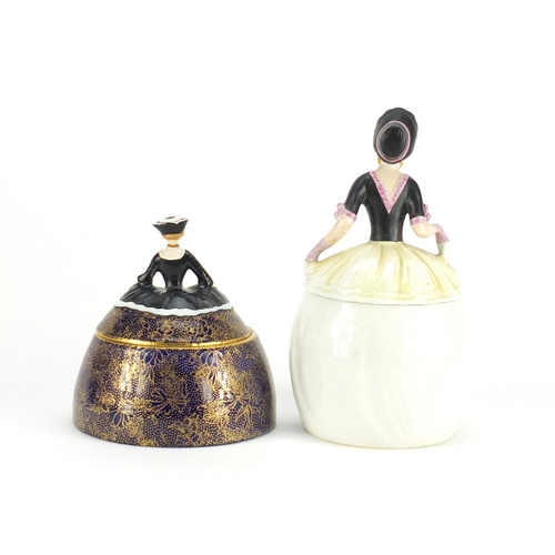 2314 - Two Carlton Ware crinoline lady design pot and covers, the largest 20cm high