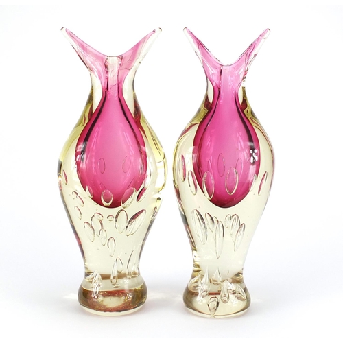 2173 - Pair of heavy Murano glass vases with controlled bubbles, each 38cm high