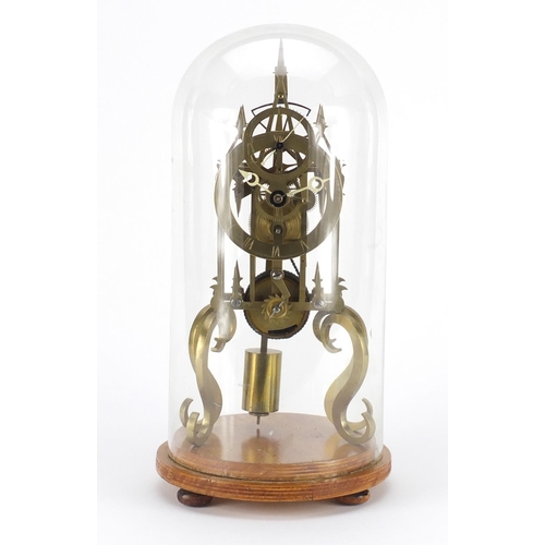 2180 - Gothic style brass skeleton clock with fusee movement, housed under a glass dome, overall 39cm high