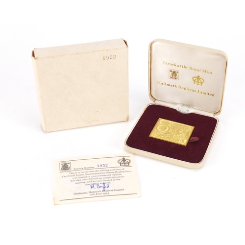2695 - 22ct gold commemorative stamp replica, number 1952 with case and box, 40.0g