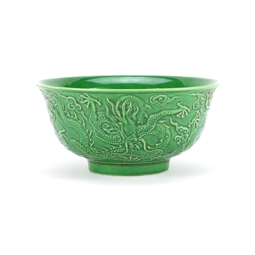 2252 - Chinese green glazed porcelain dragon bowl, six figure character marks to the base, 15.5cm in diamet... 