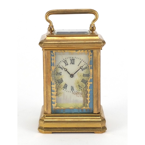 2256 - Miniature brass cased carriage clock with Sèvres style panels, hand painted with females and landsca... 
