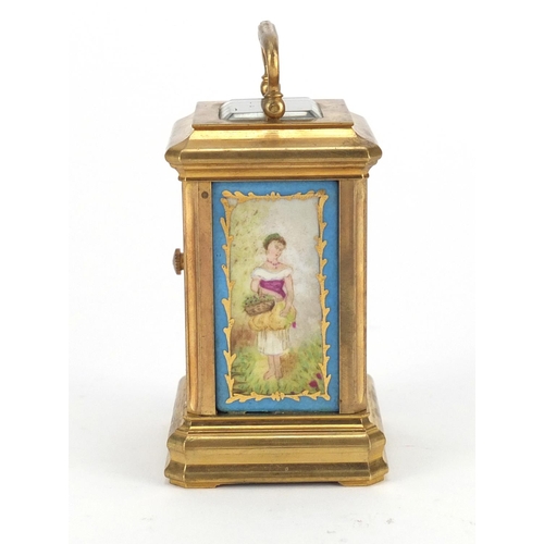2256 - Miniature brass cased carriage clock with Sèvres style panels, hand painted with females and landsca... 