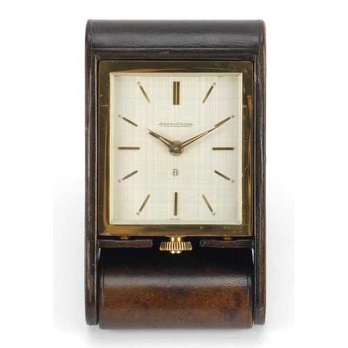 2571 - Vintage Jaeger-LeCoultre leather cased eight day travel clock, 11cm high