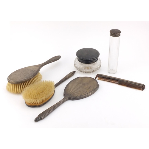 2671 - Silver mounted vanity items including a pair of brushes, hand mirror and cut glass powder pot, vario... 