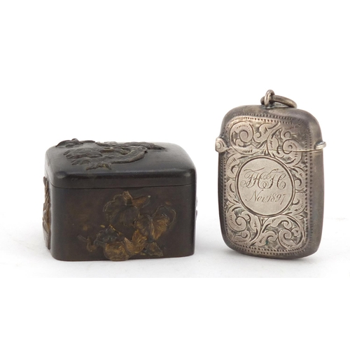 2668 - Victorian silver vesta and a Japanese bronzed metal box with hinged lid, the vesta 4cm in length