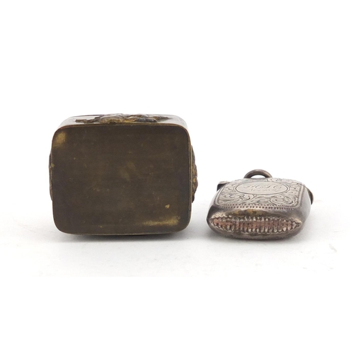 2668 - Victorian silver vesta and a Japanese bronzed metal box with hinged lid, the vesta 4cm in length