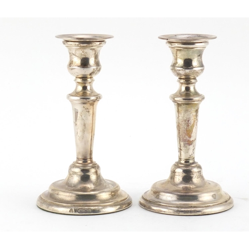 2654 - Pair of silver candlesticks of tapering form, by M C Hersey & Son Ltd, London 1996, 14cm high, 322.8... 