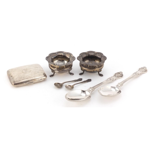 2633 - Silver items including a pair of Victorian tablespoons, pair of open salts with spoons and a rectang... 