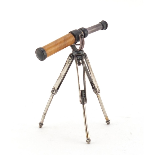 2640 - Novelty miniature model of a telescope on tripod base, impressed marks 925, 9.5cm high
