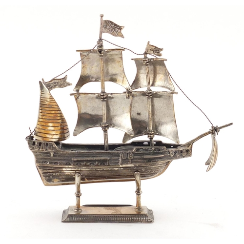 2627 - Novelty silver model of a galleon, impressed marks 925, 12cm high, 148.0g