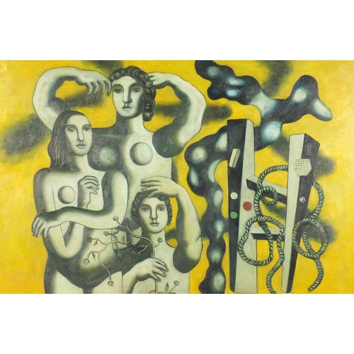 2118 - Surreal nude figures, oil on board, bearing an inscription verso, F Leger, mounted and framed, 76cm ... 