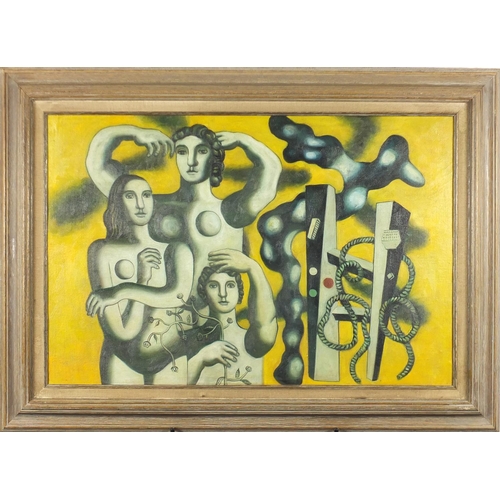 2118 - Surreal nude figures, oil on board, bearing an inscription verso, F Leger, mounted and framed, 76cm ... 