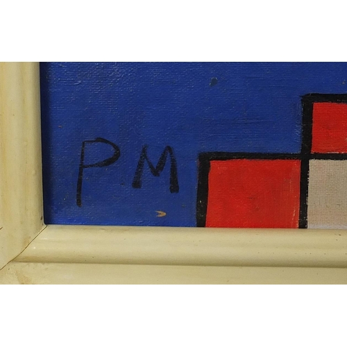 2157 - After Piet Mondrian - Abstract composition, geometric shapes, oil on board, framed, 75cm x 49.5cm