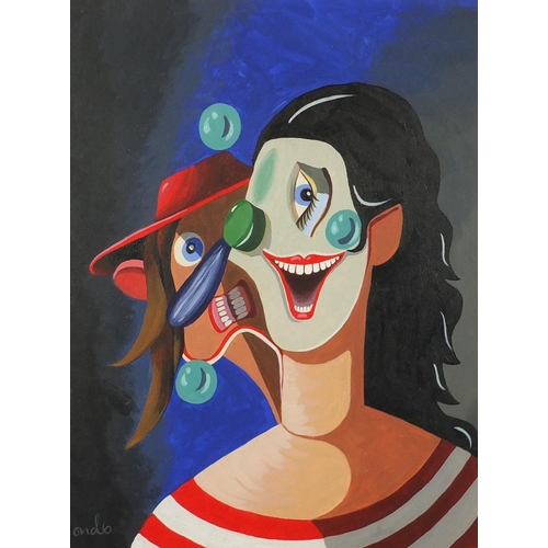 2160 - Manner of George Condo - Abstract composition, two surreal figures, gouache, mounted and framed, 48c... 