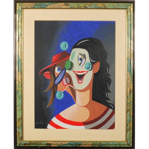 2160 - Manner of George Condo - Abstract composition, two surreal figures, gouache, mounted and framed, 48c... 